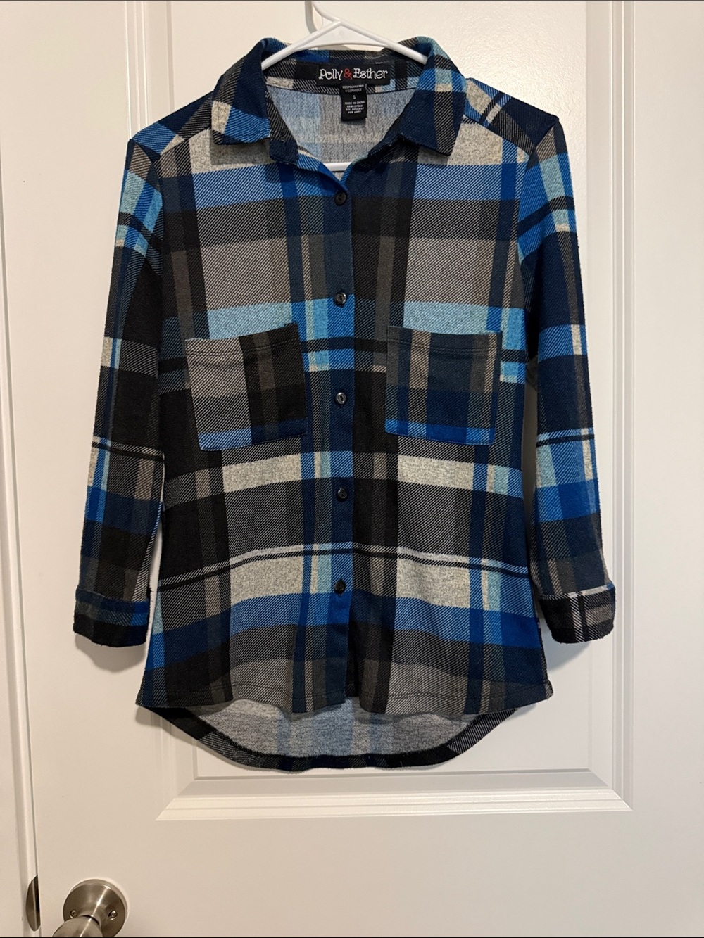 Polly & Esther Black, Blue and Gray Plaid Button-Up Shirt